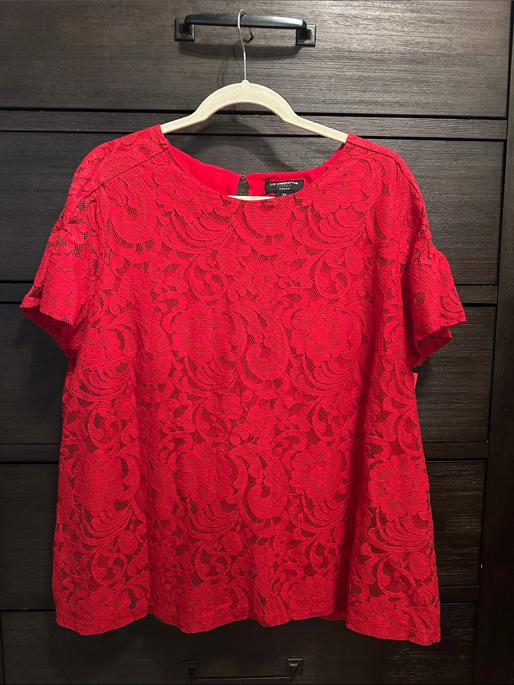 Liz Claiborne Red Floral Lace Short Sleeve Top